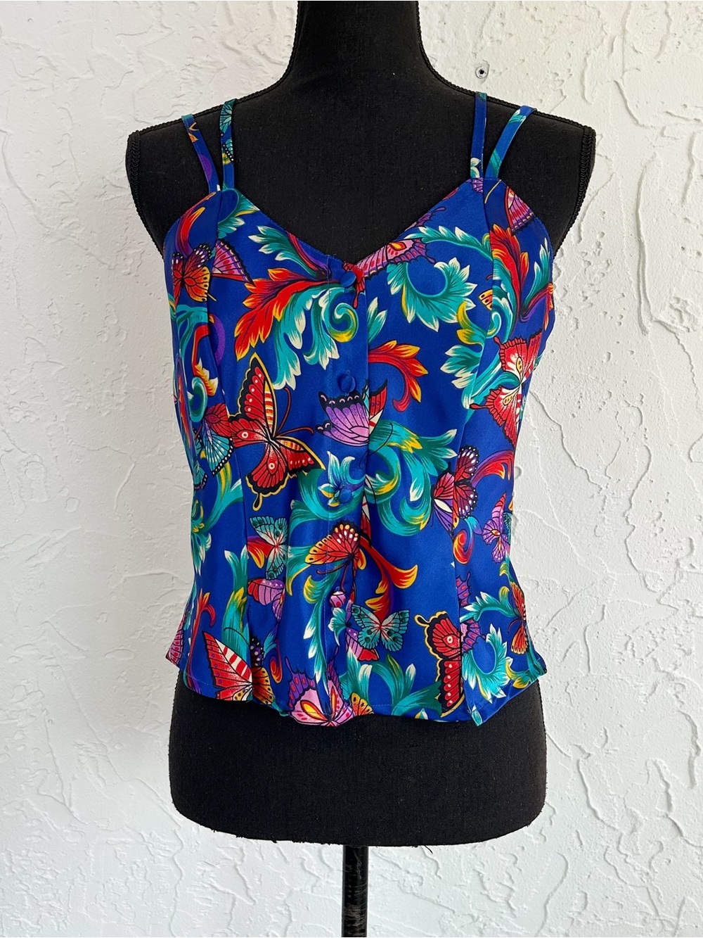 Vintage 90s Y2K Blue Butterfly Satin Asian Inspired Button Front Cami Medium